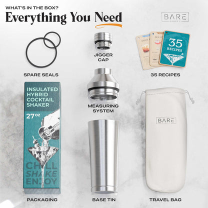 BARE BARREL Insulated Cocktail Shaker Set | Double Wall Stainless Steel | Martini Shaker for Home Bar Bartending | Built-in Drink Measure System & Strainer, Travel Bag, Recipes | Gift Set (Silver)