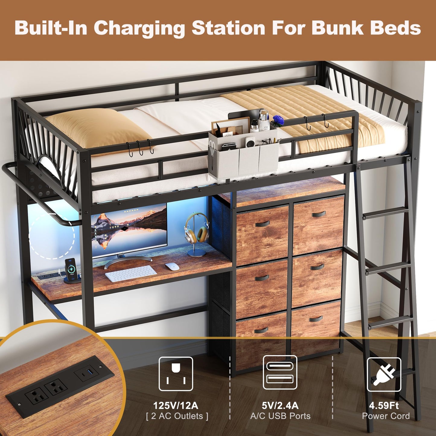 Decofy Twin Metal Loft Bed with Desk, 6 Storage Cabinet, LED Light Bunk Bed Frame Twin Size with Charging Station, No Box Spring Needed, Extra Wide Stair Treads&Safety Ladder, Hanging Rod&Guardrail