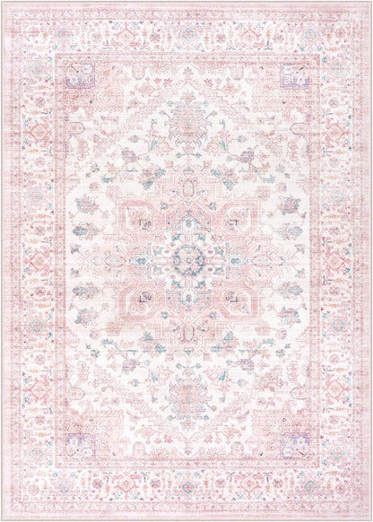5x7 LIVEBOX Pink Washable Area Rug - Large Vintage Tribal Living Room Non-Slip Indoor Carpet for Bedroom, Low-Pile