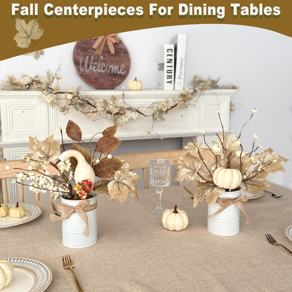 2 Pack 12" Thanksgiving Decorations Thanksgiving Centerpieces for Dinner Table Potted White Maple Arrangement in Metal Pot White Pumpkin Berried Autumn Thanksgiving Table Decor for Home Kitchen Office