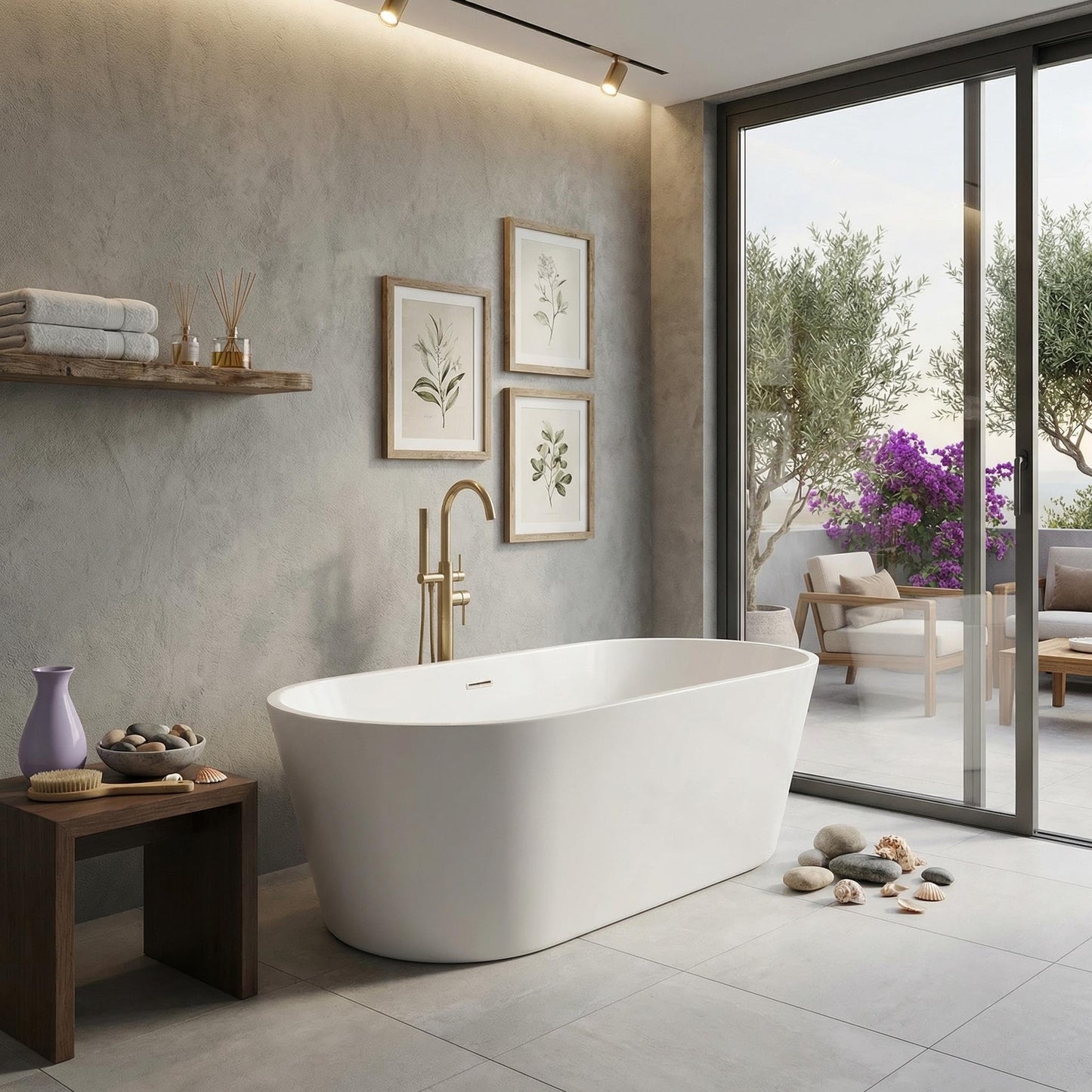 59 Inch Freestanding Bathtub, Acrylic Free Standing Bath Tub with Integrated Overflow & Drain, Modern Oval Stand Alone Tub for Home Spa, White