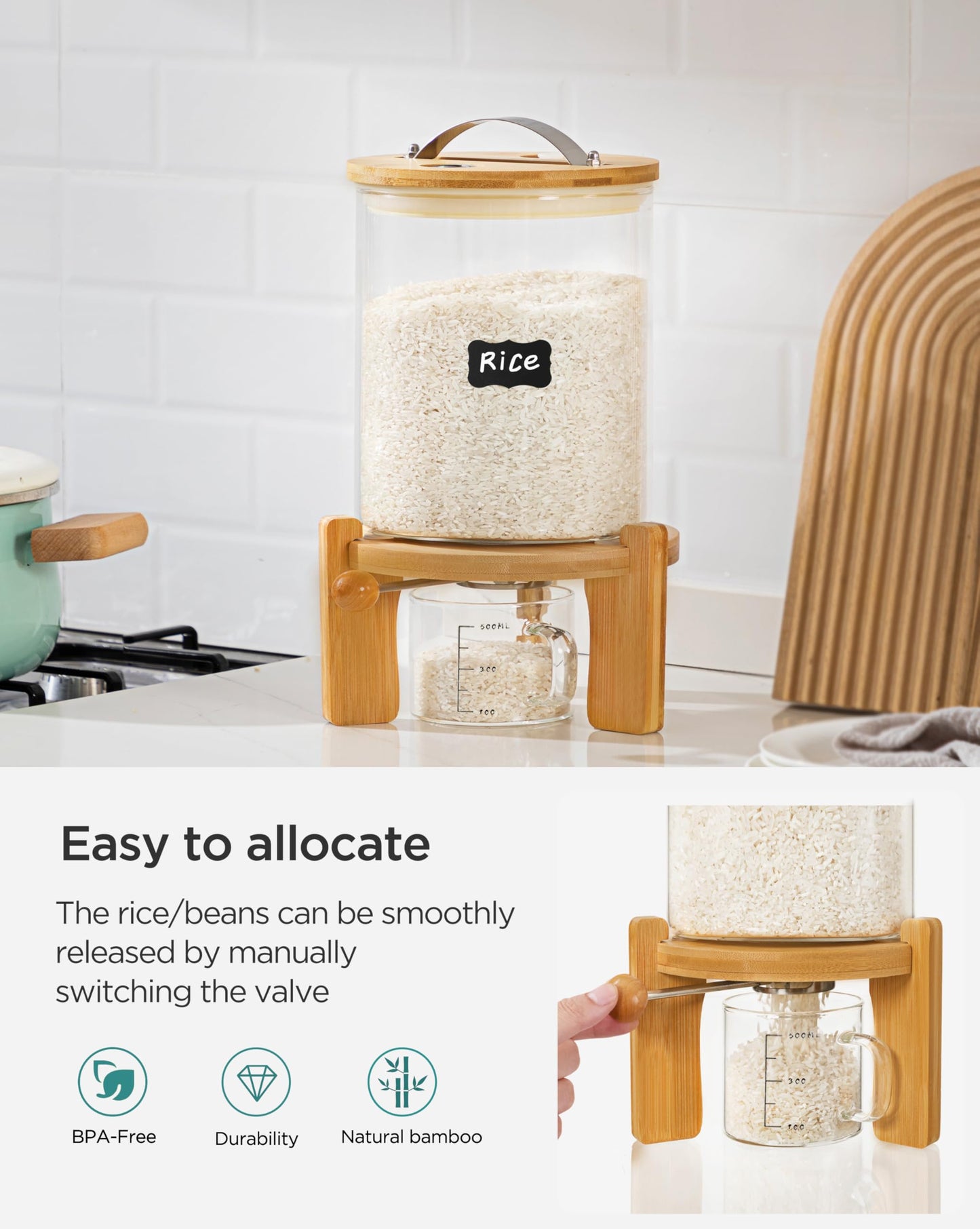 Famyards 5-7 lbs Glass Rice Dispenser with Wooden Stand Flour and Cereal Container with Glass Measuring Cup & Labels & Slider mat Pantry Food Organization Storage Bin with Airtight Bamboo Lid, 3L