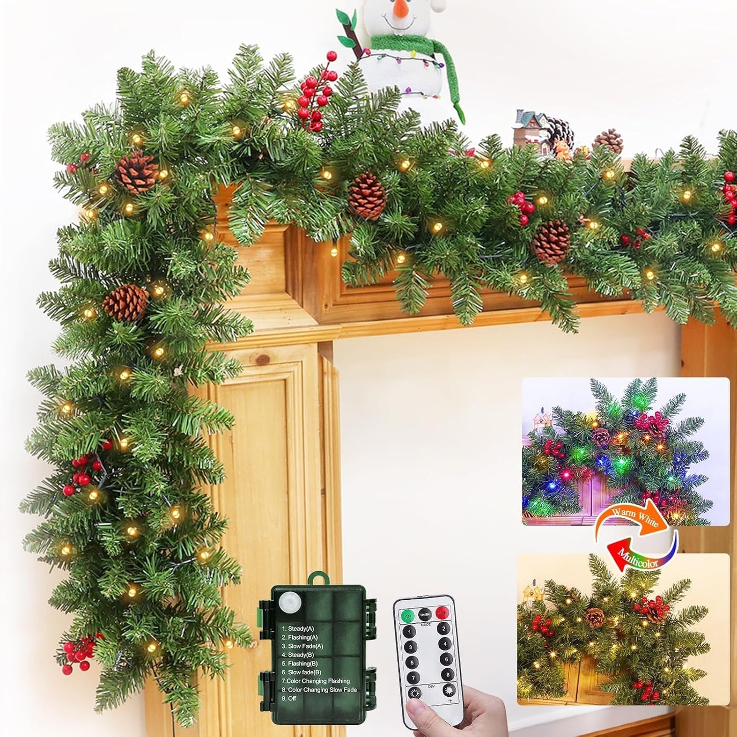 9 8 TURNMEON Dual Color Change Ft Prelit Christmas Garland Remote Control Warm White & Multicolor Lights Timer Modes