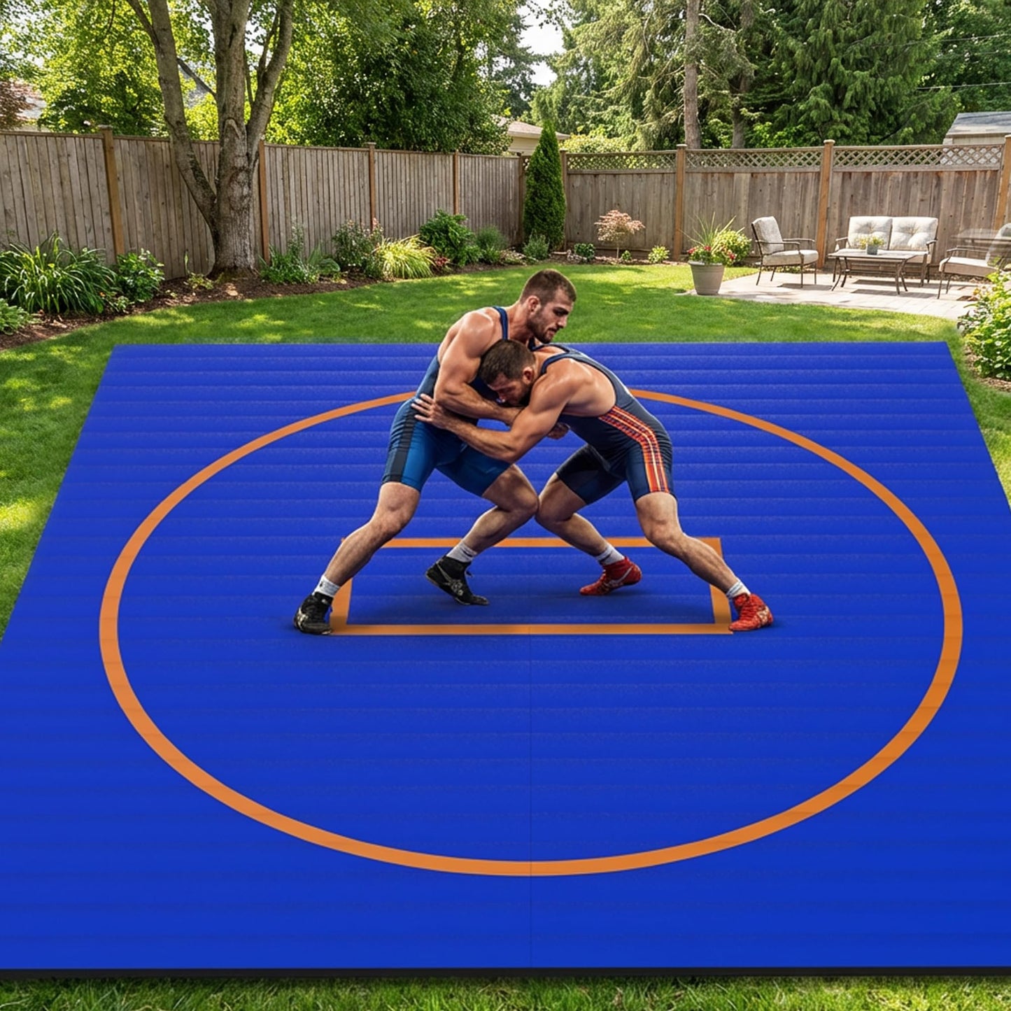 AORSUS 10ft x 10ft Wrestling Mat for Home, 1.25" High-Density EVA Foam Roll-Up Grappling Mat – Professional BJJ, MMA, Judo Training Surface – Portable Roll-Out Gymnastics Mat for Home Gym & Dojo, Blue