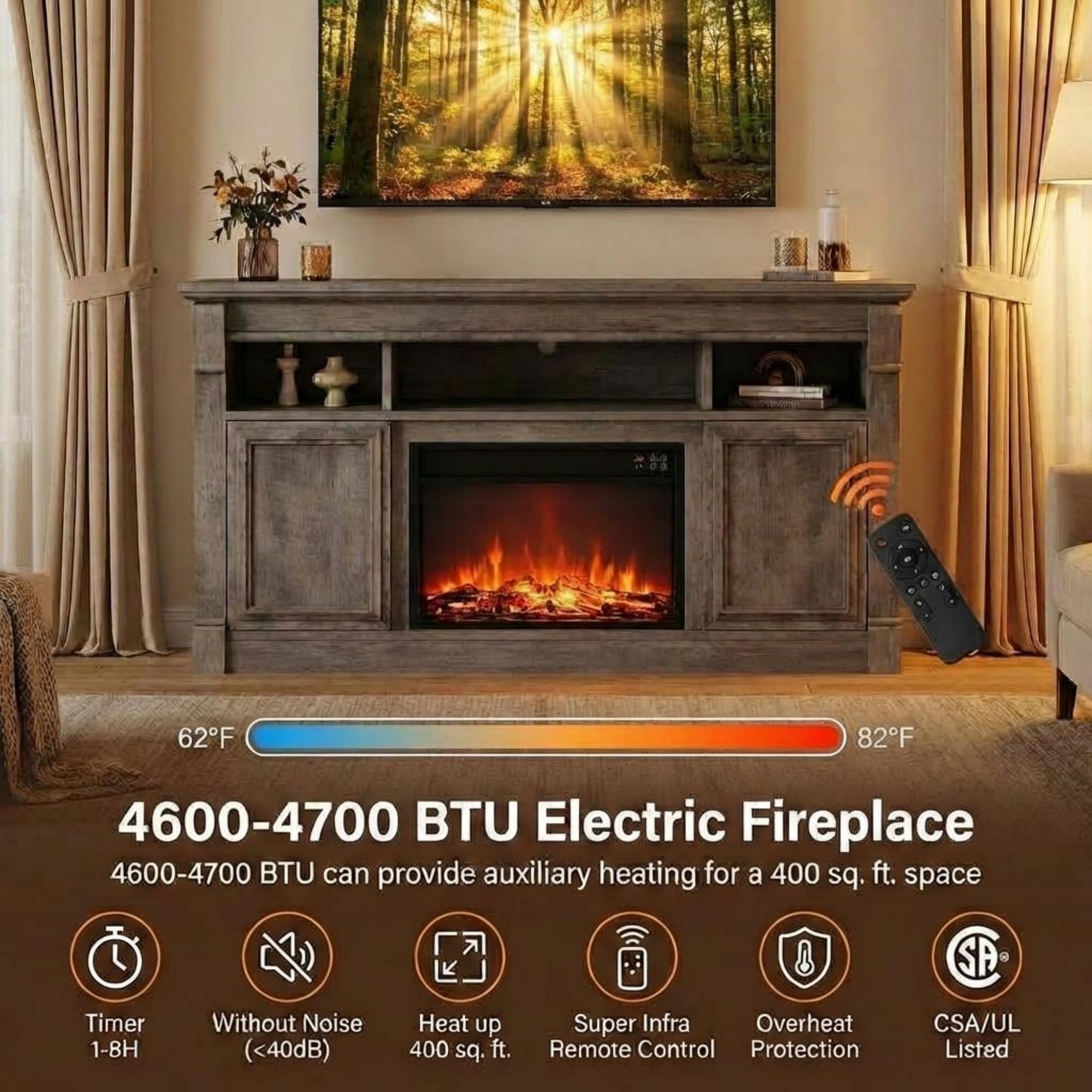GarveeLife 58" Fireplace TV Stand for TVs Up to 65, Modern Farmhouse Entertainment Center with 30'' Electric Fireplace, Remote Control Realistic 3D Flame, Media Console with Storage Shelves, Gray