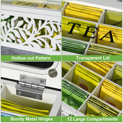 handrong Tea Box Organizer,Wood Tea Organizers and Storage,12 Compartments Teas Bag Organizers,Teas Bag Holder Organizer,Wooden Storage Box for Countertop Kitchen Cabinet Pantry