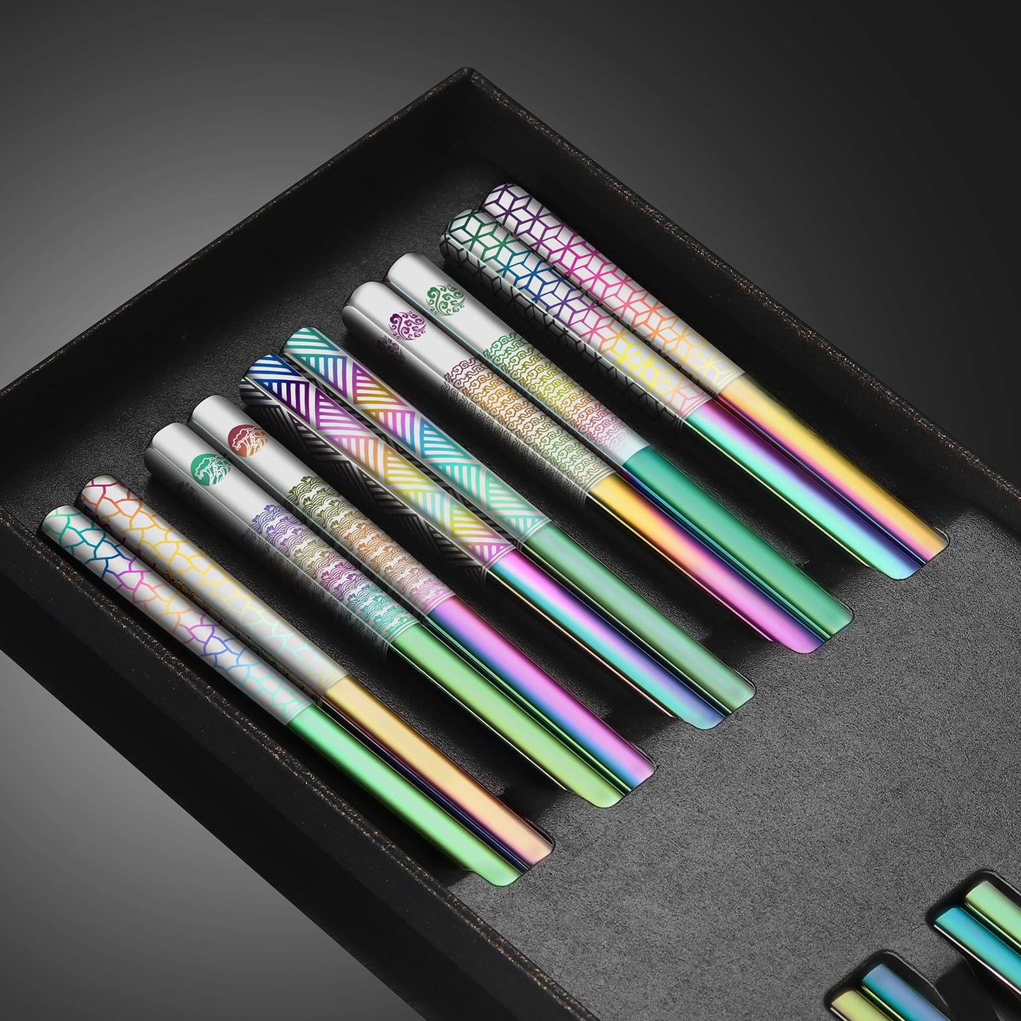 TIICOO Metal Chopsticks Reusable 18/8 Stainless Steel Chopsticks Laser Engraved Premium Titanium Chop Sticks Dishwasher Safe Lightweight Japanese Korean Chopsticks 5 Pairs Gift Set (Rainbow)