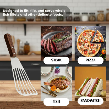 Fish Spatula Stainless Steel Pack of 2 | Slotted Fish Turners for Nonstick Cookware Elegant Silver Blade with Natural Walnut Wooden Handle, 11” Flexible Spatula for Home & Professional Cooking