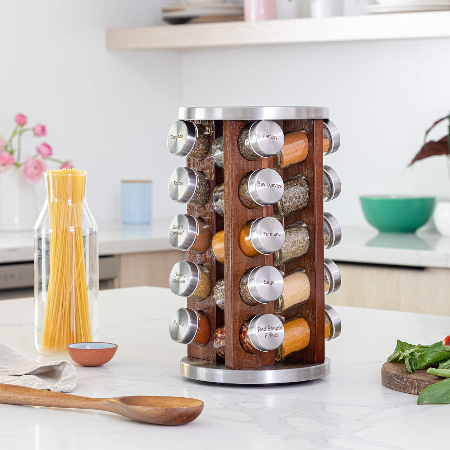 Orii 20 Jar Rotating Dark Acacia Wood Spice Rack with Spices Included & 5-Year Spice Refill Program – Rustic Wood Countertop Spice Rack with Glass Jars