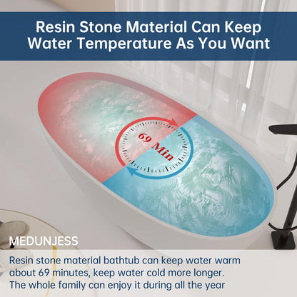 MEDUNJESS 61'' Resin Stone Soaking Bathtub Oval Solid Surface Freestanding Soaking Bathtubs Matte White Soaking Tub with Overflow and Pop up Drain - White