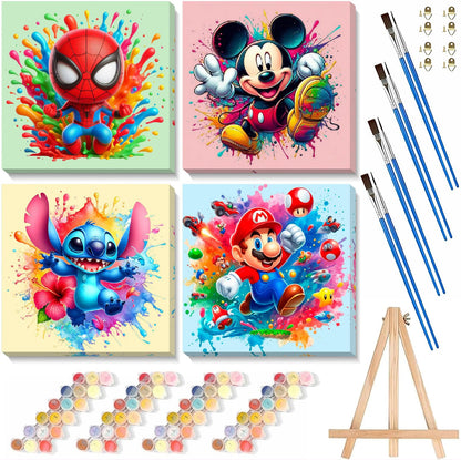 Fuinkqe 4 Packs Cartoon Paint by Numbers Kits for Kids Framed,Paint by Numbers for Kids Ages 8-12 with Framed Canvas,DIY Easy Painting Kits with Wooden Easel for Home Wall Decor 8X8 Inch