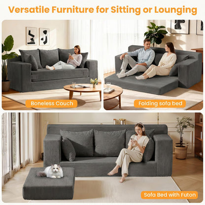 Winzoo Oversized Boneless Loveseat, 3 Seater Pull Out Convertible Sofa Bed, 70" Gray Boneless Couch Fold Out Floor Couch Sleeper Sofa with 5 Pillows for Living Room Bedroom Lounge Small Space