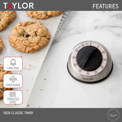 Taylor Mechanical Timer, Countdown with Easy-Turn Dial and Loud Ring Alarm, Compact Tool for Cooking, Baking, Classroom Activities, Homework, Studying, Projects, Stainless Steel