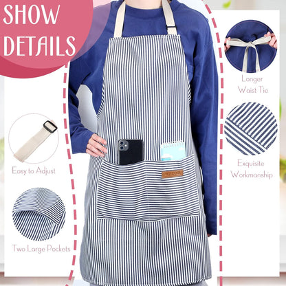 12 Handepo Pcs Cotton Aprons for Women Men with Pockets Soft Adjustable Bib Stripe Aprons for Cooking Kitchen Chef
