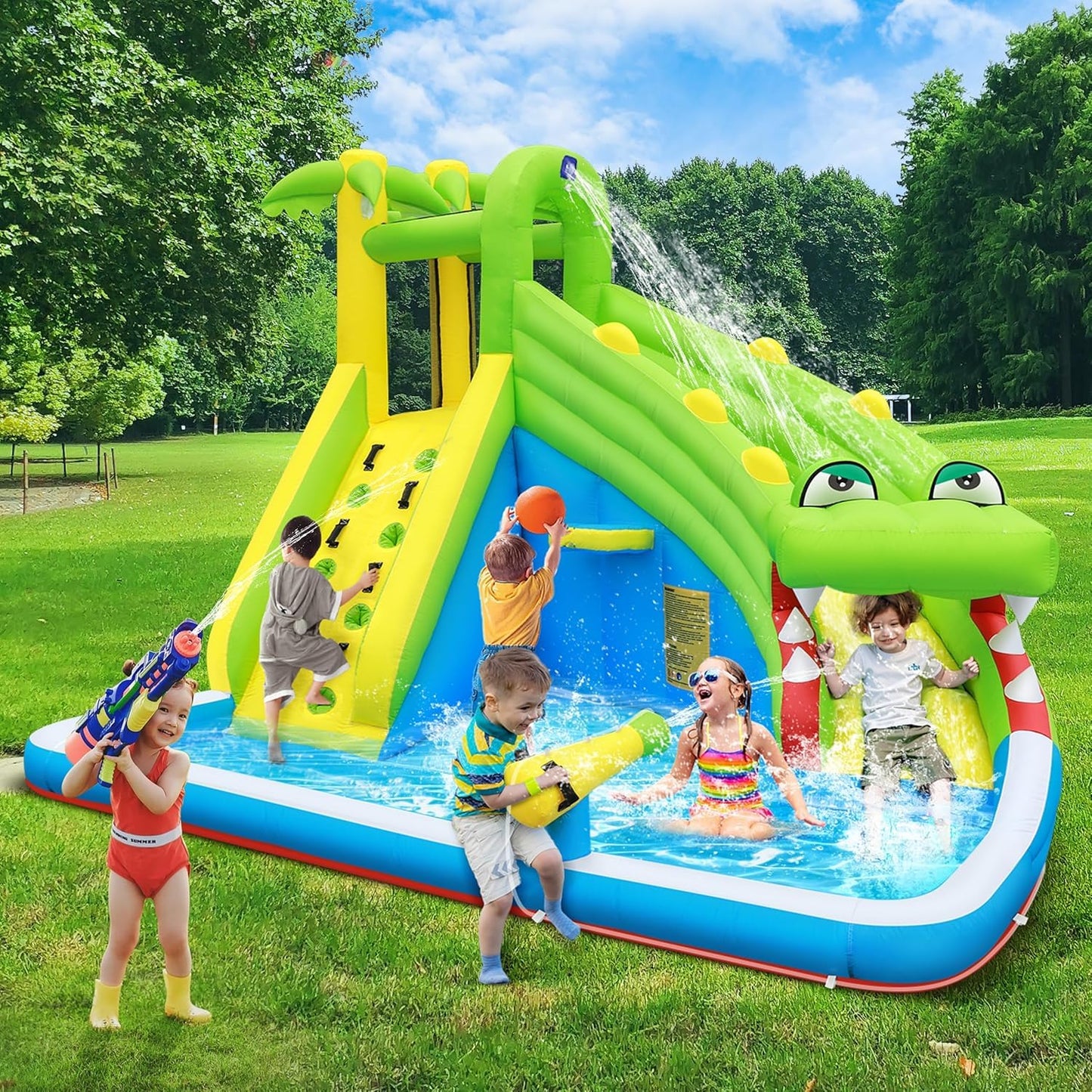TOAOB Inflatable Water Slide：5 in 1 Crocodile Bounce House Water Park for Kids - Climbing Wall Splash Pool Water Cannon Basketball Rim - 480W Blower - for Indoor Outdoor Backyard Birthday Party