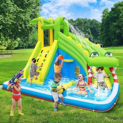 TOAOB Inflatable Water Slide：5 in 1 Crocodile Bounce House Water Park for Kids - Climbing Wall Splash Pool Water Cannon Basketball Rim - 480W Blower - for Indoor Outdoor Backyard Birthday Party