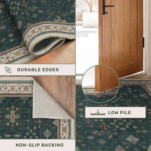 Hazo Haus Dark Green 4x6 Area Rug - Modern Vintage Boho Floral Design, Washable & Non-Slip for Home & Office