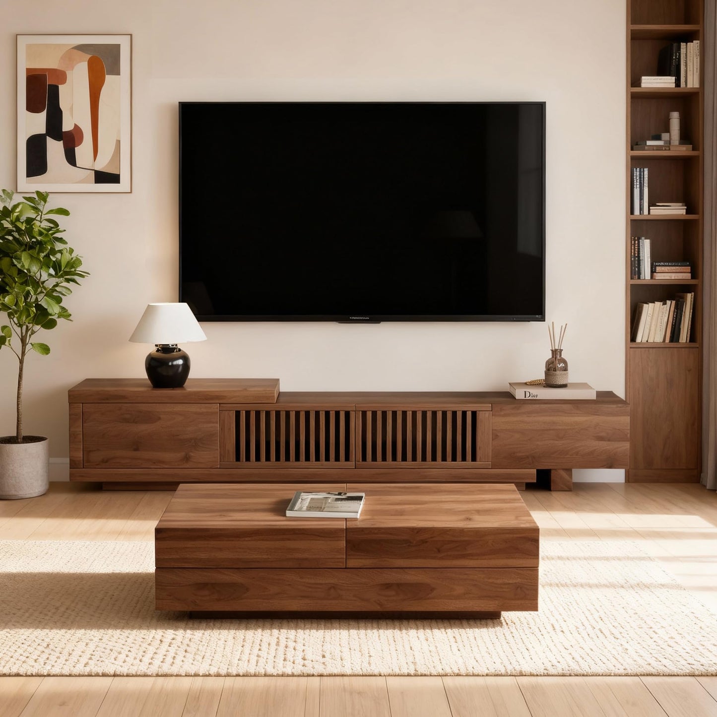 gaoyangjiaju 78.5"-105" Mid-Century Modern Extendable TV Stand, Walnut Media Console with 2 Drawers and 2 Cabinets, Fits TVs up to 100 Inches for Living Room or Bedroom