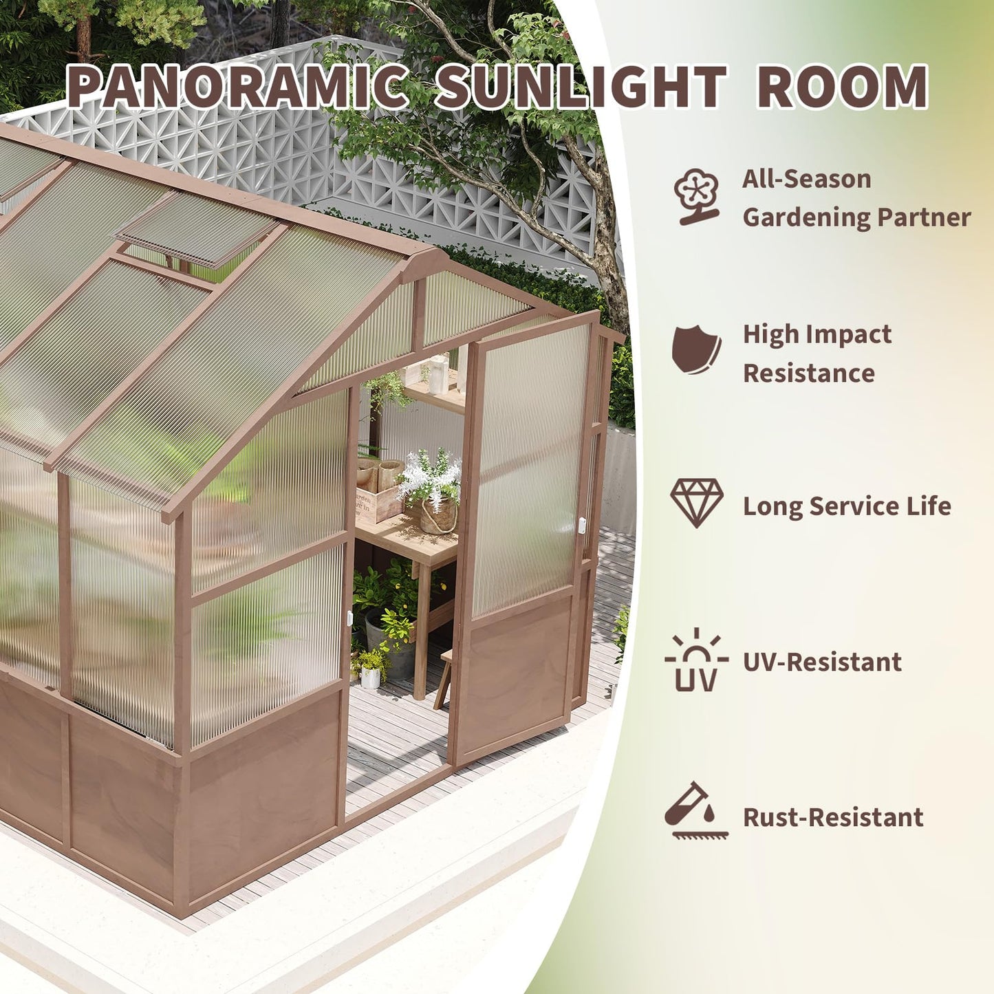 8x10 FT Outdoor Wood Greenhouse, Heavy Duty Solid Pine Wooden Walk-in Green House with 6MM Thick Polycarbonate Panels, Adjustable Roof Vents and Lockable Door, Garden House for Backyard Patio Lawn