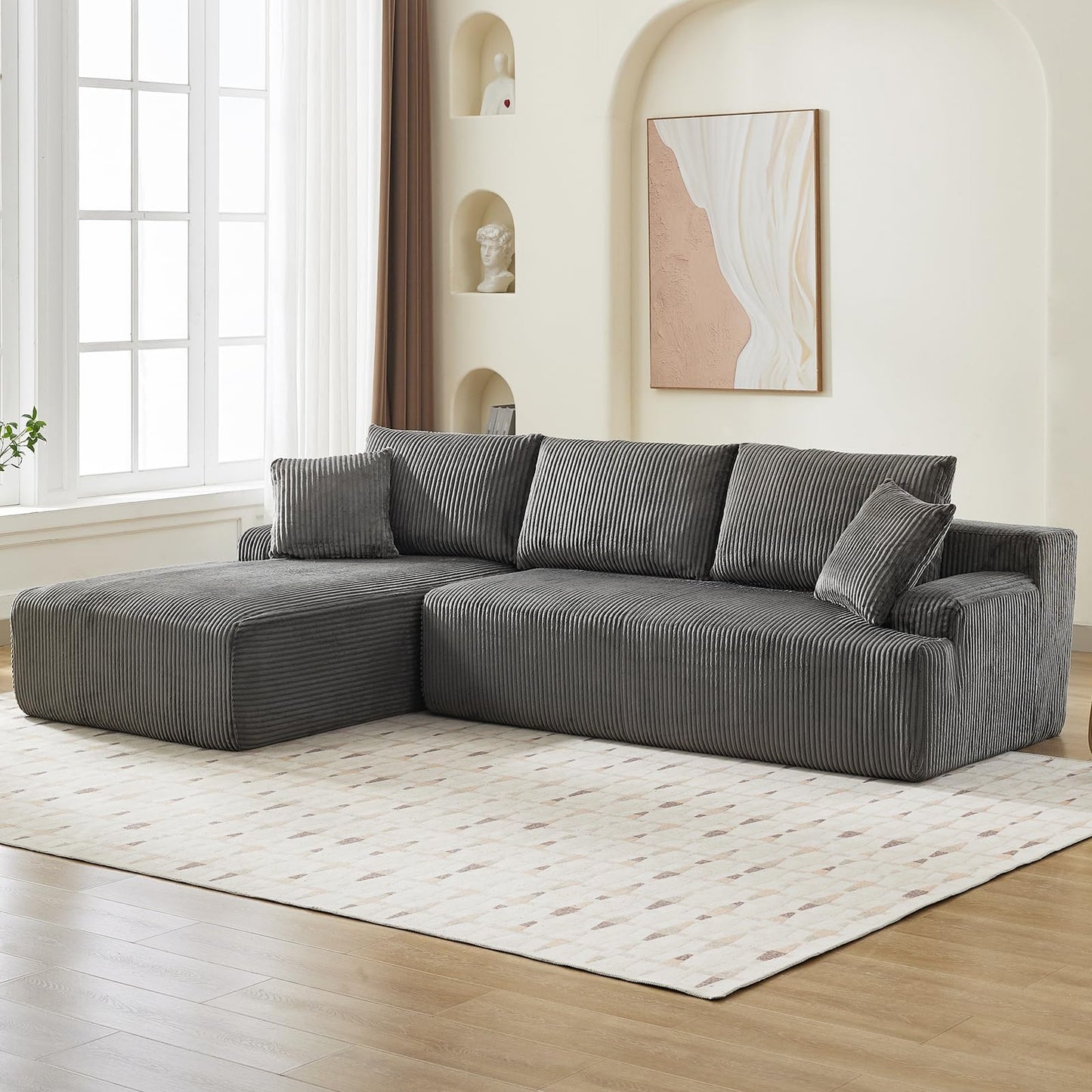 Cloud Boneless L-Shape Couch 108" Modern Sectional Comfy No Assembly Required Sleeper Modular Sofa with Corduroy Fabric Deep Seat Loveseat + Chaise Lounge Chair for Living Room