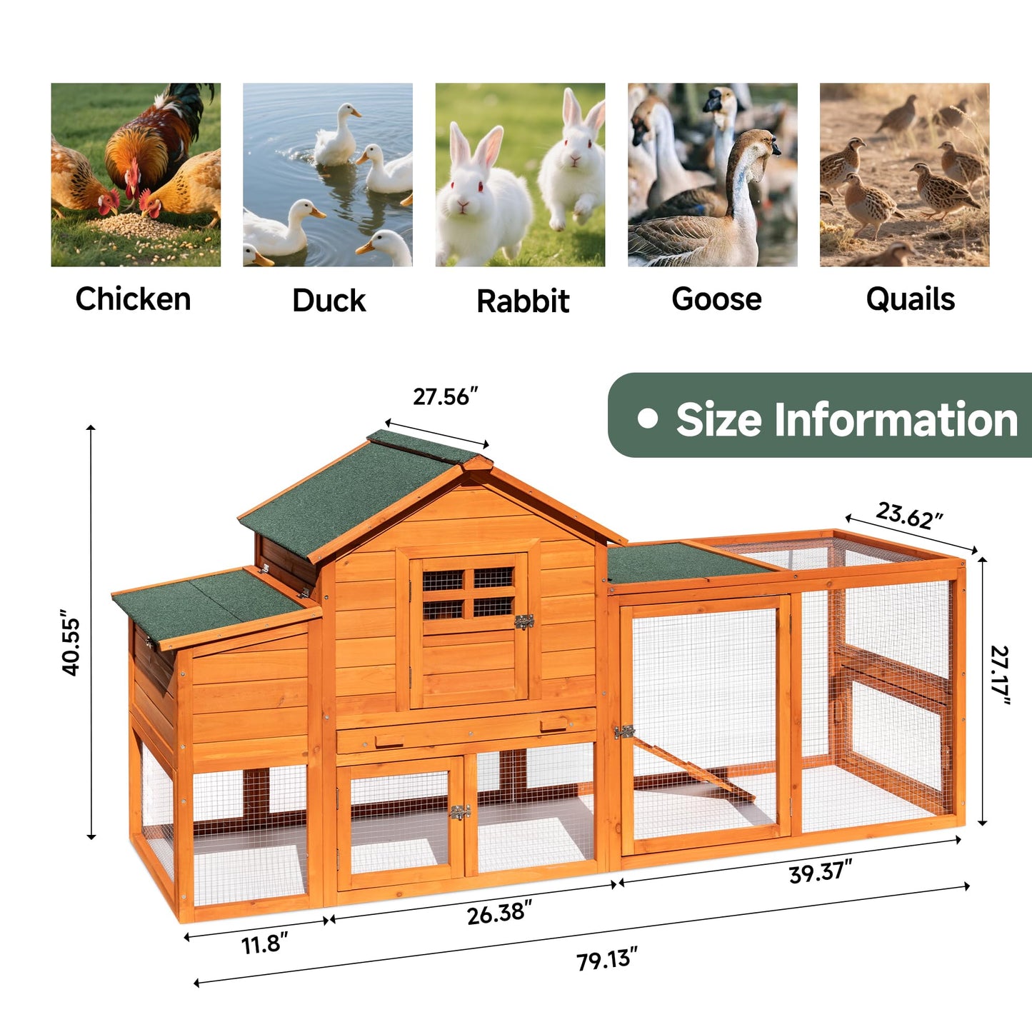 WHEGETED Large Chicken Coop Outdoor Durable Duck House Poultry Pet Hutch & 2 Wood Eggs Run Cage Nesting Box Waterproof Asphalt Roof Ramp Removable Tray Wire Fence for Backyard Small Animal79 Brown