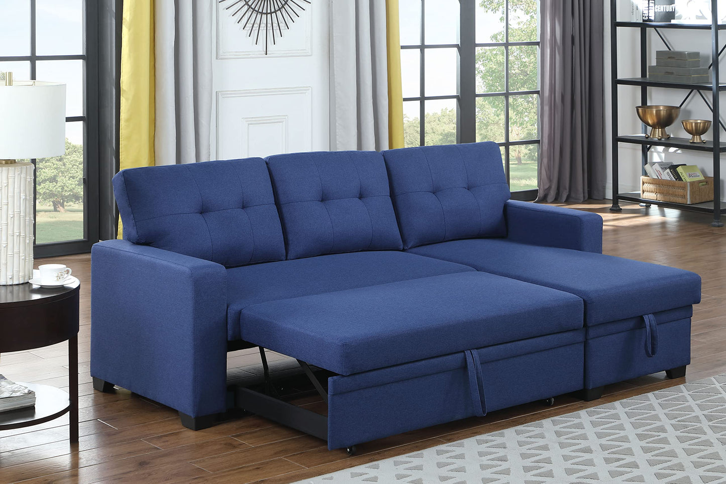 Acosure 82" Sleeper Couch with Pull Out Bed,L-Shape Upholstered Sectional Small Sofa W/Storage Chaise,Tufted Backrest Design,3 Seat Linen Convertible Sofas for Living Room Apartment Office,Blue