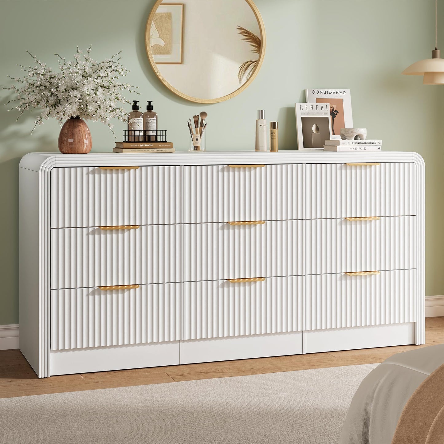 Decofy Fluted 9 Drawers Dresser, 63'' Wide Modern Chest of Drawers with Round Edge & Metal Handle, Wood Drawer Organizer for Bedroom, Living Room, White