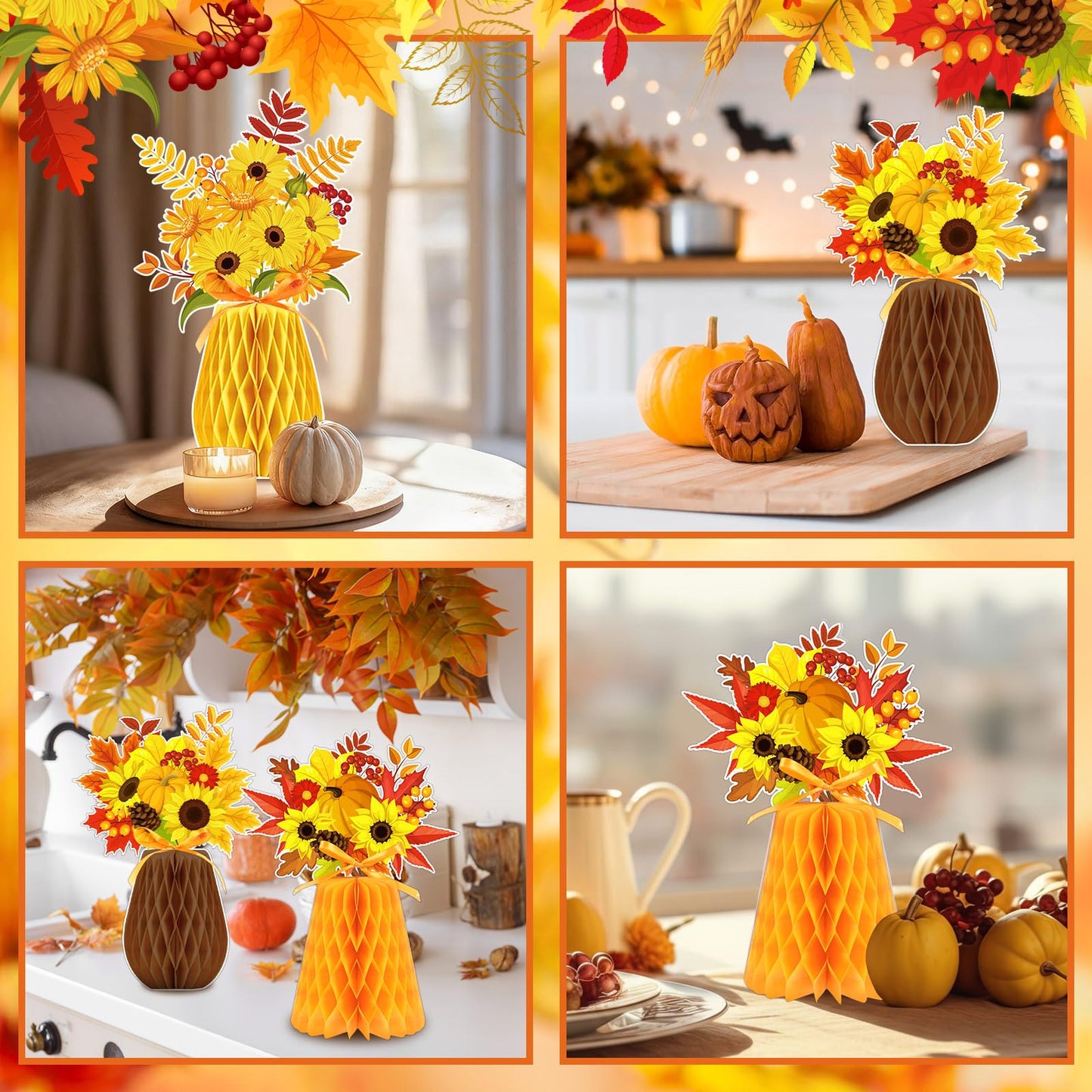 Kathfly 9 Pcs Fall Honeycomb Centerpieces Autumn Thanksgiving Pumpkin Maple Berry Sunflowers Paper Vase Table Centerpiece 3D Fall Party Decoration for Thanksgiving Party Favors Home Table Decor
