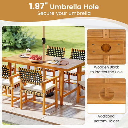 Tangkula 7 Piece Patio Dining Set for 6 People, 63” Outdoor Rectangular Acacia Wood Table with 1.97” Umbrella Hole & 6 Armchairs with Padded Seat Cushions, for Deck Yard and Poolside