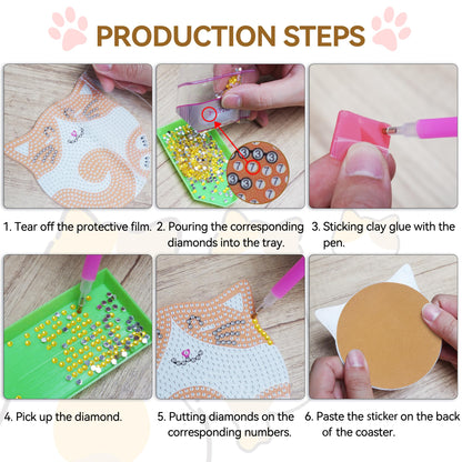 Vcekract Diamond Painting Coasters Kits, 6 Pcs Cat Diamond Art Coasters with Holder, Crafts Kits for DIY Coasters, Diamond Art Kits for Adults