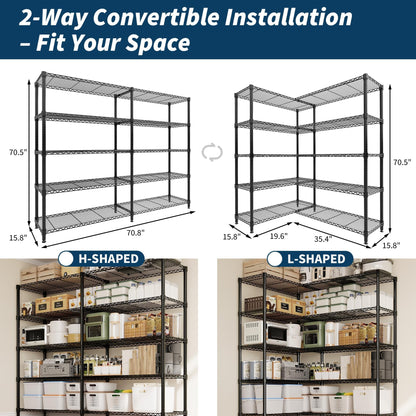 5-Shelf Heavy Duty Metal Storage Rack, 71" Wide Adjustable Wire Shelving with 1325 lbs Load Capacity, L-Shaped Design for Garage, Kitchen, Pantry, Basement, and Warehouse, 70.5" H x 15.8" D