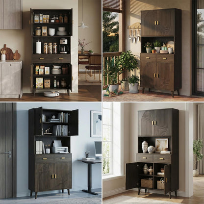 LIKIMIO 71.6" Tall Kitchen Pantry Cabinet, Walnut Mid-Century Hutch Cabinet with Storage- 3 Adjustable Shelves, 2 Drawers, Multi-Room Pantry