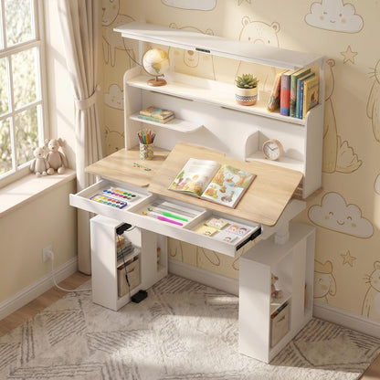 MOUMON 55" Electric Standing Drafting Table with Lights and Tiltable Desktop, Height Adjustable Drawing Table with Memory Presets, Drawer and Side Shelves, White and Oak 55.1" W x 23.6" D x 63"-79" H