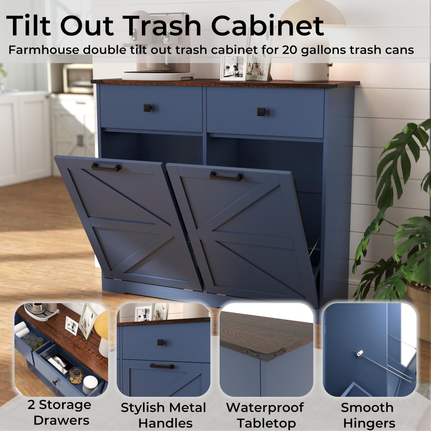 Blue Double Tilt Out Trash Cabinet for 20 Gallon Trash Cans, Free Standing Recycling Cabinet with Hideaway Drawer, Barn Door Style Laundry Sorter Cabinet, Tilt Out Trash Cabinet for Kitchen