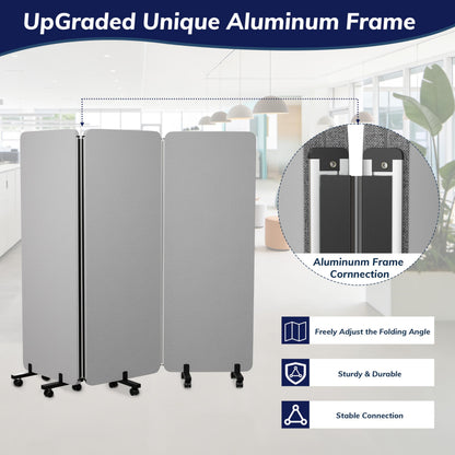 KERRAM 3 Panel Foldable Office Partitions, Mobile Cubicle Wall with Wheels, 71 x 66 Inch Noise Cancelling & Sound Proof Room Dividers Partition Wall, Aluminum Frame Gray