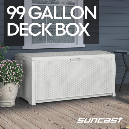 Suncast 99 Gallon Wicker Horizontal Outdoor Deck Box with Hinged Lid, Water-Resistant Storage Solution for Patio, Deck, Yard, and Garage, White, Made in the USA