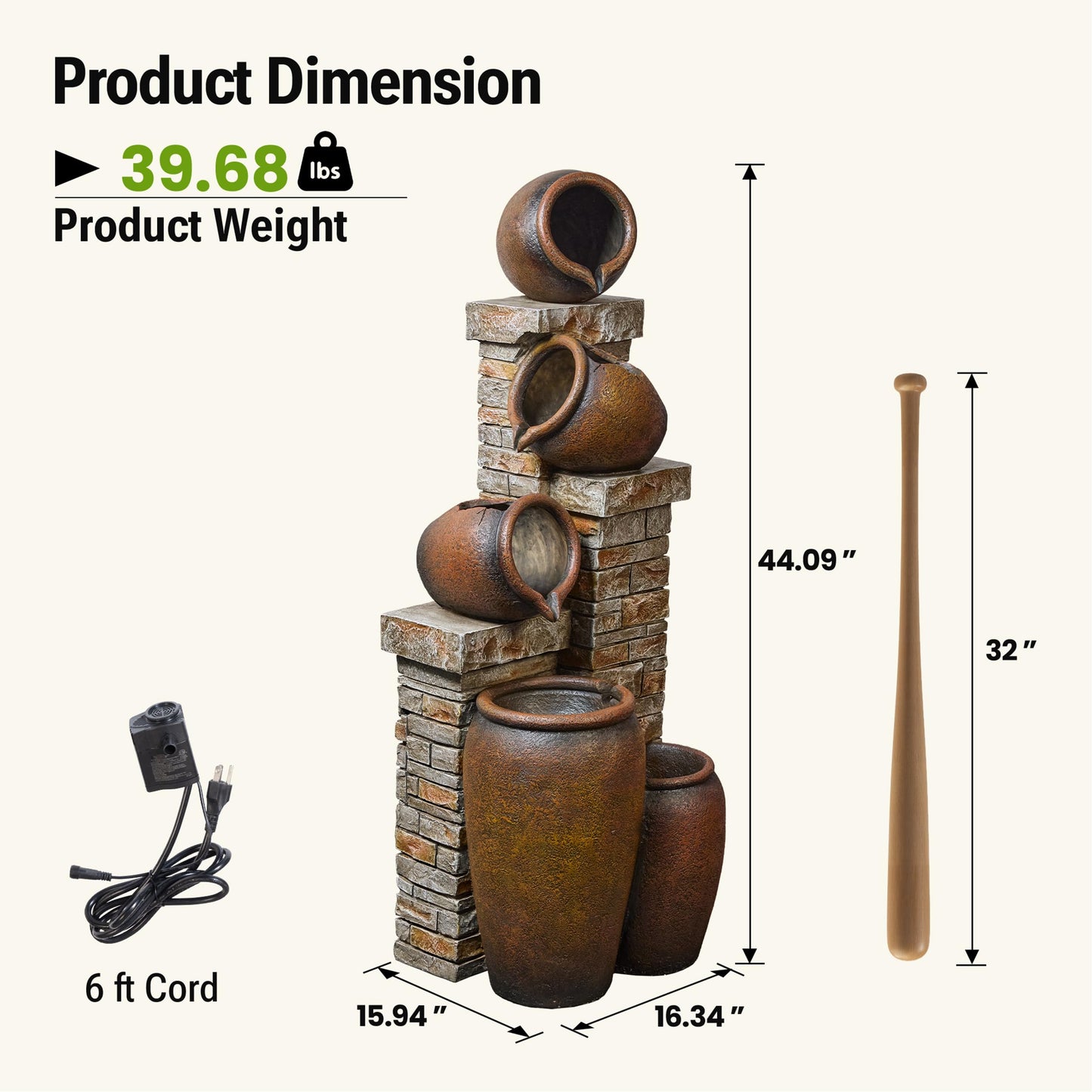 Dalxo 44-Inch Outdoor Water Fountain, 5-Tier Floor Standing Cascading Jars and Stacked Stones Resin Waterfall Fountain with 4 LED Lights, Home Decor for Garden, Patio, Yard, Farmhouse or Deck in Brown