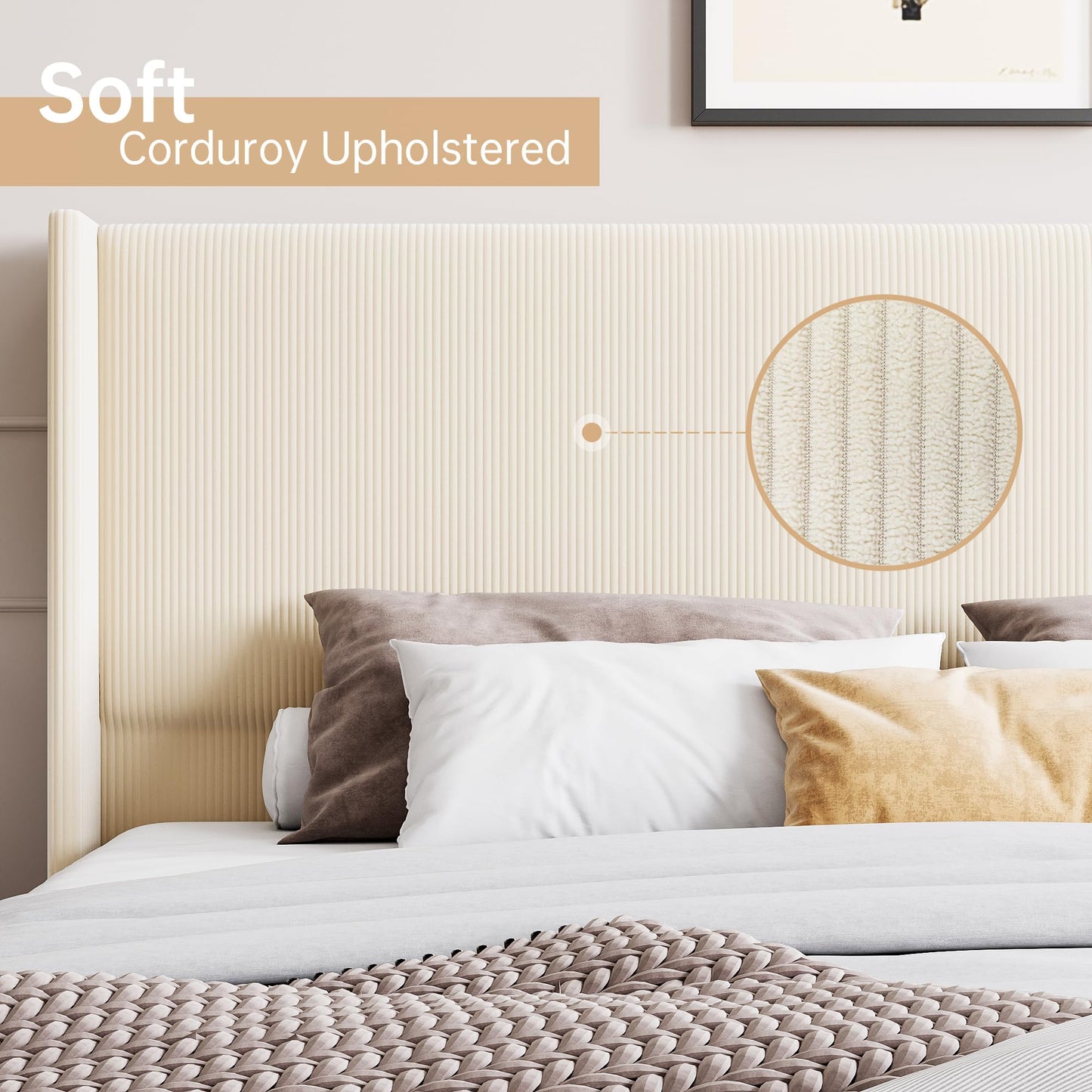 IDEALHOUSE King Size Upholstered Bed Frame with Channel Tufted Wingback Headboard, Wooden Slat Support, Noise-Minimizing Design, No Box Spring Needed, Beige