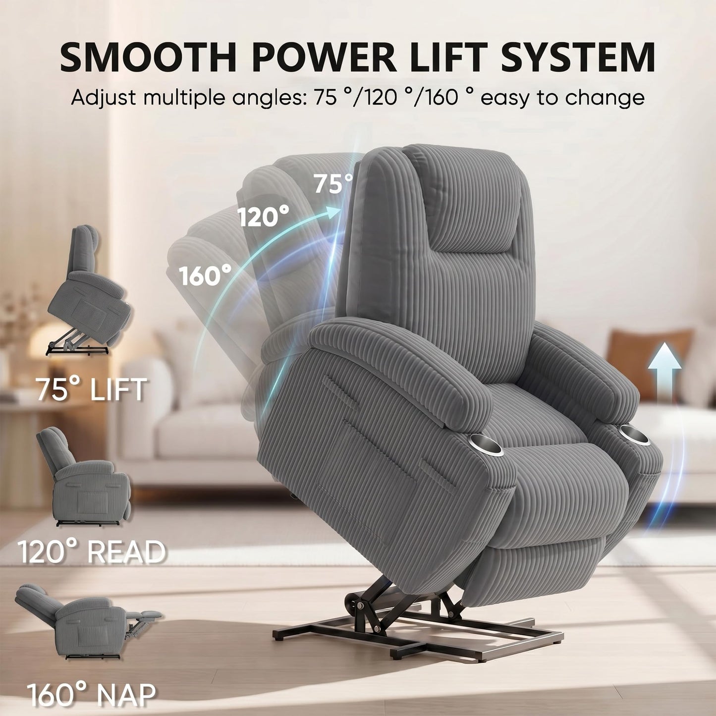Flamaker Power Lift Chair Massage Recliner Chairs for Elderly, Corduroy Ergonomic Design with Cup Holders & Side Pockets, Remote Control (Dark Gray)