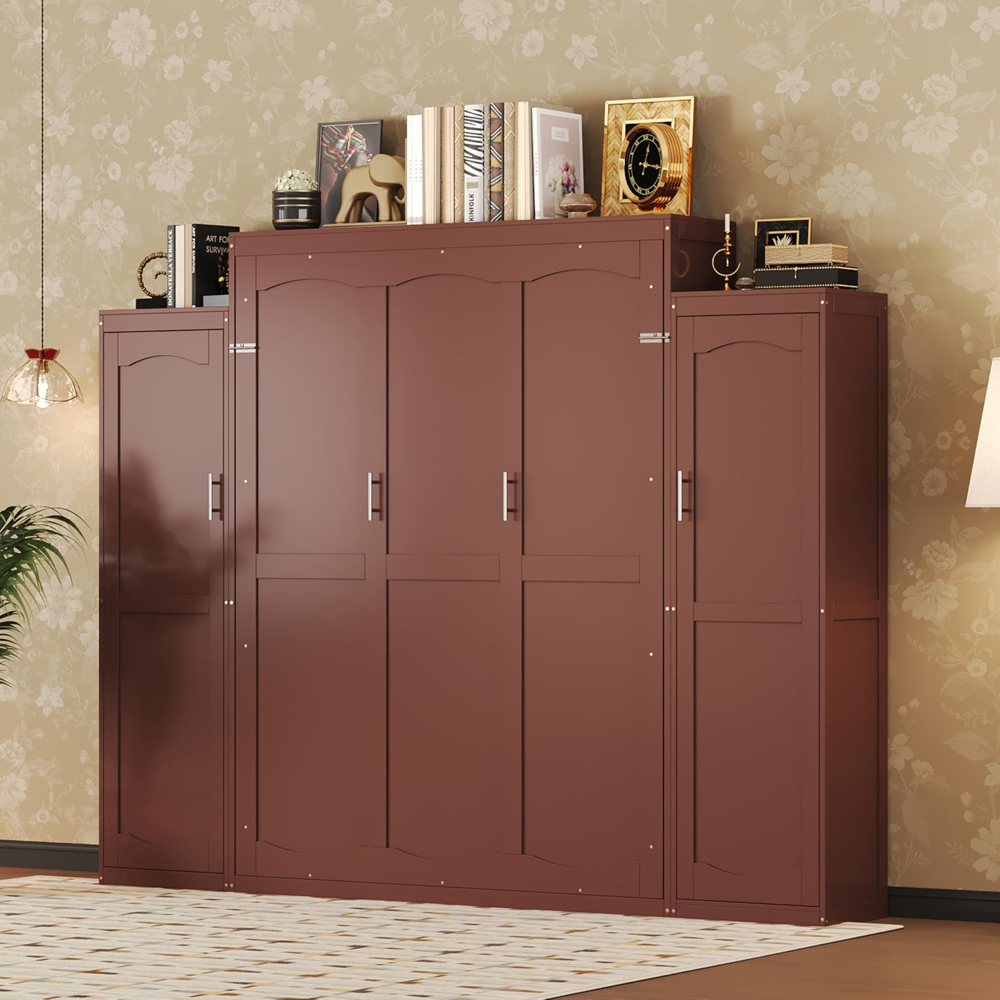 Ball & Cast Murphy Bed Queen Size,Wood Foldable Wall Bed with 2 Sides Wardrobe and Storage Shelf, Hidden Cabinet Bed Frame for Bedroom,Guest Room,Space Saving,No Box Spring Needed,Walnut