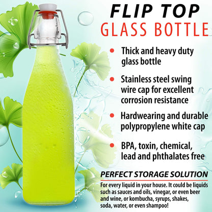 AYL Flip Top Glass Bottle [16 fl. oz./Pack of 6]– Swing Top Brewing Bottle with Stopper for Beverages, Oil, Vinegar, Kombucha, Beer, Water, Soda, Kefir – Airtight Lid & Leak Proof Cap – Clear