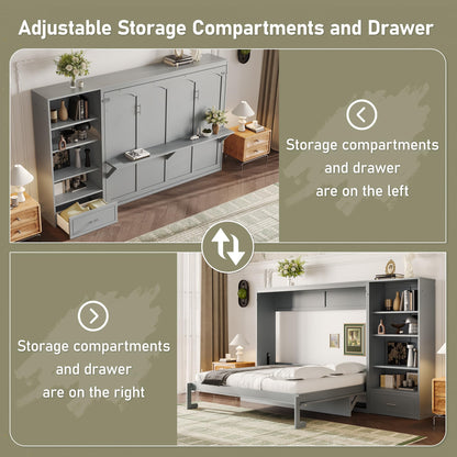 Merax Queen Murphy Bed with 3 Height Adjustable Storage Shelves & 1 Drawer, Wall Bed Frame Multifunctional Foldable Platform Bed for Small Space, Bedroom, Guest Room, Bear 500LBS (Gray)