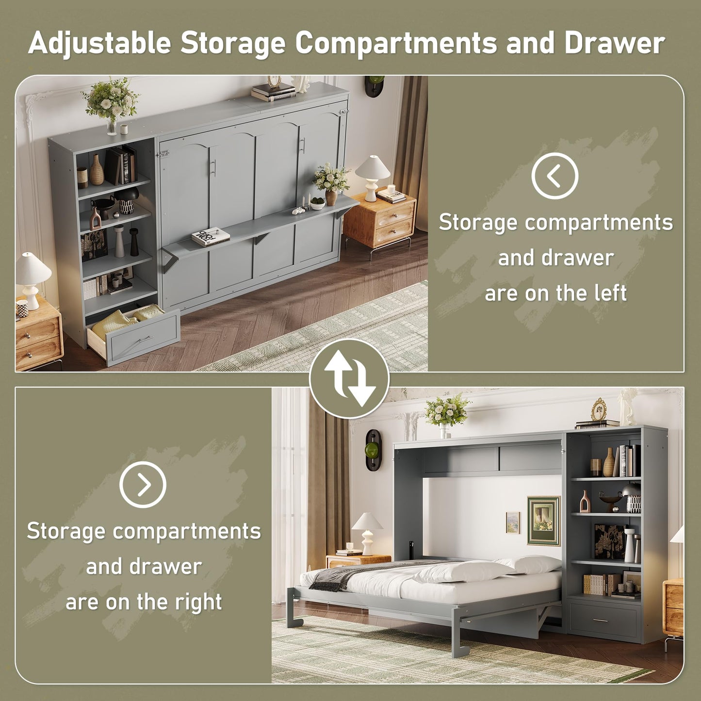 GDFStudio Queen Size Murphy Bed with Storage Compartments and Shelf, Wall Bed Frame with Adjustable Shelves and Drawer, Foldable Platform Bed for Guest Room Bedroom, Gray