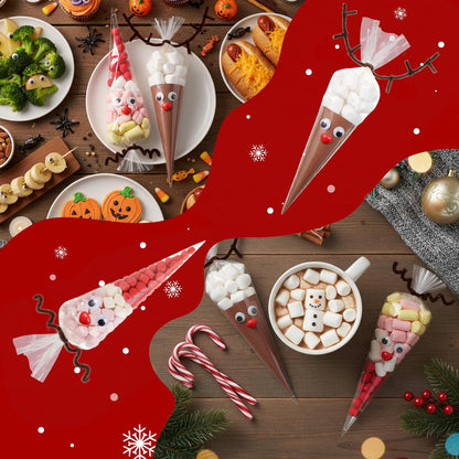 Resholder 300 Pcs Christmas Reindeer Cone Cellophane Bags Kit DIY 7.1x14.6 Inch Clear Cone Shaped Treat Bag with Pipe Cleaner Wiggle Eyes Nose for Popcorn Cotton Candy Goodie Cookie Party Favor