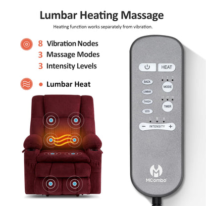 MCombo Dual Motor Power Lift Recliner Chair with Massage and Heat for Elderly People, Infinite Position, USB Ports, Cup Holders, Fabric 7890 (Medium, Burgundy)
