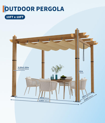 GarveeLife 10 x 10 ft Wood-Grain Aluminum Pergola Outdoor Pergola with Retractable Canopy for Garden Patio Backyard Deck - Khaki