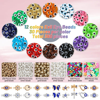 Acejoz 2702 Pieces Bracelet Making Kit, Including Evil Eye Beads, Evil Eye Charms, Assorted Beads and Elastic String for Bracelets