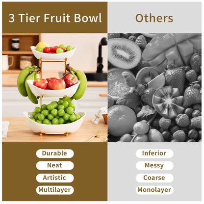 Leijosya Elegant 3-Tier Ceramic Serving Bowl Set with Gold Stand, White Decorative Display Bowls for Fruits, Desserts, Appetizers