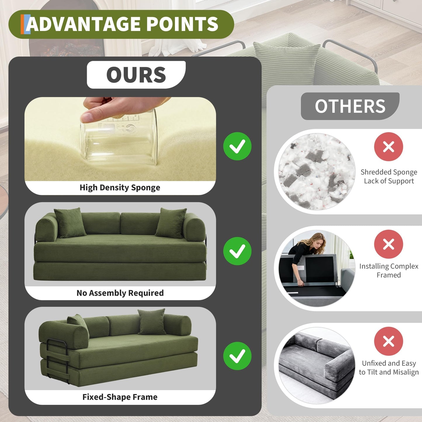 IDEALHOUSE 4 in 1 Convertible Sleeper Sofa Bed Couch, 79 Inch Boneless Corduroy Floor Couch with Pillows, No Assembly, Modern Deep Seat Sofa Futon Mattress for Living Room,Apartment,Green