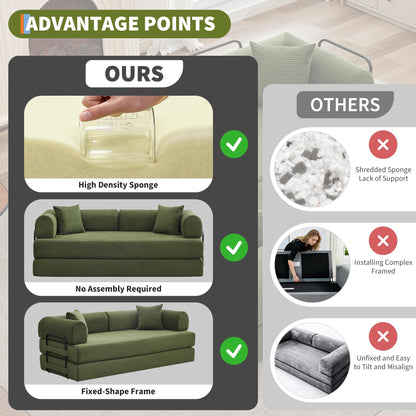 IDEALHOUSE 4 in 1 Convertible Sleeper Sofa Bed Couch, 79 Inch Boneless Corduroy Floor Couch with Pillows, No Assembly, Modern Deep Seat Sofa Futon Mattress for Living Room,Apartment,Green